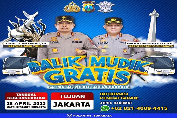 Polrestabes Surabaya Polda Jatim Membuka Pendaftaran Balik Mudik Gratis